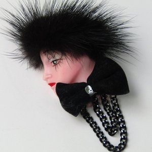 Vintage Lady Brooch Celluloid Mink Hat